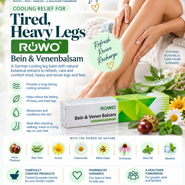 Cooling Leg & Vein Balm for Heavy, Tired & Swollen Legs – RÖWO Bein & Venenbalsam – 100 mL