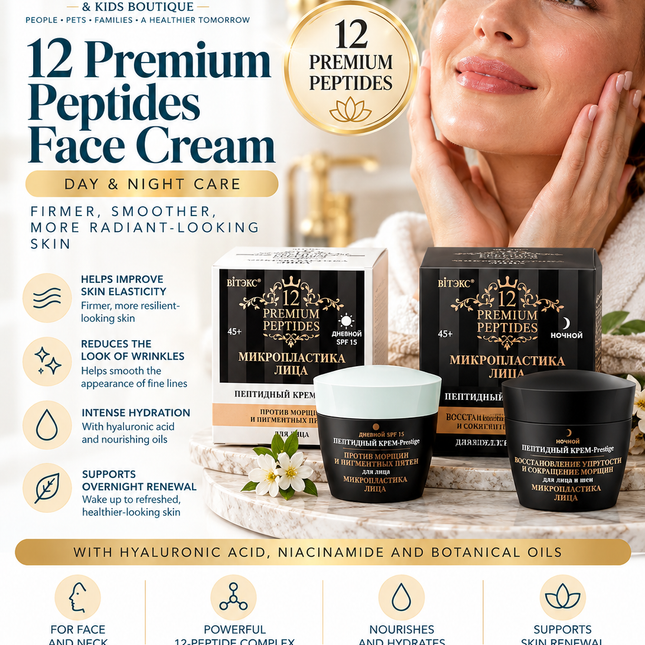 12 Premium Peptides Microplastic Face Lift Day-Night Cream – Face & Neck | Firmness Restoration & Wrinkle Reduction – 45 mL