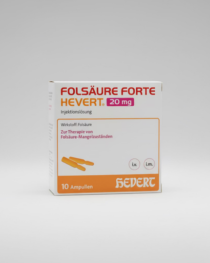 Folic Acid Forte Hevert Ampoules 20 mg, 10 Ampoules × 2 ml  High-Dose Folic Acid Injection Solution for Folic Acid Deficiency