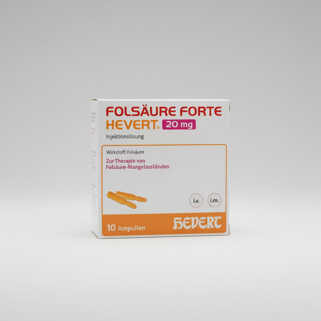 Folic Acid Forte Hevert Ampoules 20 mg, 10 Ampoules × 2 ml  High-Dose Folic Acid Injection Solution for Folic Acid Deficiency