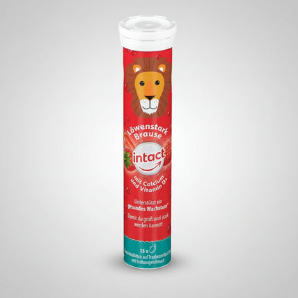 INTACT® Löwenstark Brause is a strawberry-flavored effervescent dietary supplement specially designed for children ages 4 years and older. It combines calcium and vitamin D3, two important nutrients that support normal bone development and growth in children.