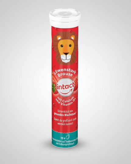 INTACT® Löwenstark Brause is a strawberry-flavored effervescent dietary supplement specially designed for children ages 4 years and older. It combines calcium and vitamin D3, two important nutrients that support normal bone development and growth in children.