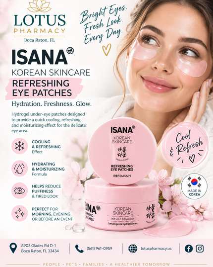 ISANA Korean Skincare Refreshing Eye Patches in a pink jar, hydrogel under-eye patches with CICA and hyaluron for cooling, refreshing and moisturizing care.