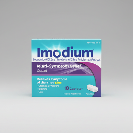 Imodium® Multi-Symptom Relief is an anti-diarrheal medicine that provides relief from&nbsp;diarrhea, gas, bloating, abdominal cramps, and pressure in a single formula. It combines loperamide HCl to help control diarrhea with simethicone to relieve gas-related discomfort. This dual-action formula works faster than loperamide alone for diarrhea associated with bloating and cramps.
