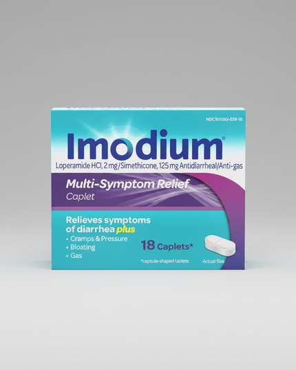 Imodium® Multi-Symptom Relief is an anti-diarrheal medicine that provides relief from&nbsp;diarrhea, gas, bloating, abdominal cramps, and pressure in a single formula. It combines loperamide HCl to help control diarrhea with simethicone to relieve gas-related discomfort. This dual-action formula works faster than loperamide alone for diarrhea associated with bloating and cramps.