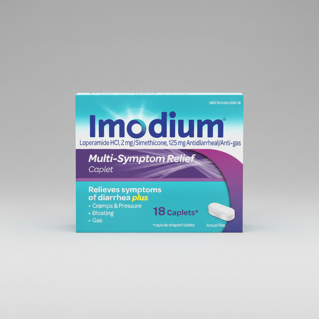 Imodium® Multi-Symptom Relief is an anti-diarrheal medicine that provides relief from&nbsp;diarrhea, gas, bloating, abdominal cramps, and pressure in a single formula. It combines loperamide HCl to help control diarrhea with simethicone to relieve gas-related discomfort. This dual-action formula works faster than loperamide alone for diarrhea associated with bloating and cramps.