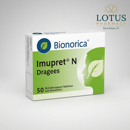Imupret® N Coated Tablets by Bionorica are a traditional herbal medicinal product formulated with a unique combination of seven medicinal herbs. They are traditionally used at the first signs and during a common cold, including a scratchy or sore throat, difficulty swallowing, and throat irritation that triggers coughing.

Imupret N is designed to be started as early as possible when cold symptoms first appear and may continue to be used as the cold develops. The coated tablets are suitable for adults, adol