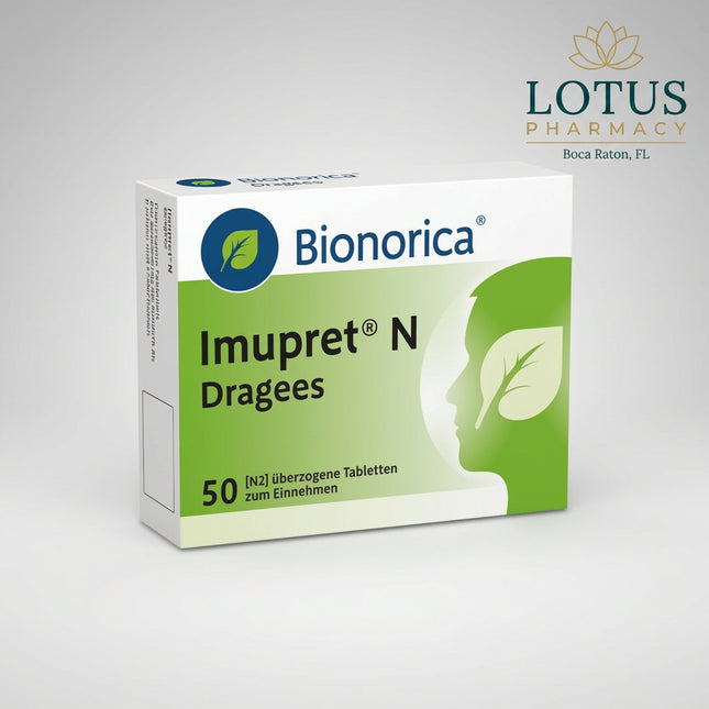 Imupret® N Coated Tablets by Bionorica are a traditional herbal medicinal product formulated with a unique combination of seven medicinal herbs. They are traditionally used at the first signs and during a common cold, including a scratchy or sore throat, difficulty swallowing, and throat irritation that triggers coughing.

Imupret N is designed to be started as early as possible when cold symptoms first appear and may continue to be used as the cold develops. The coated tablets are suitable for adults, adol