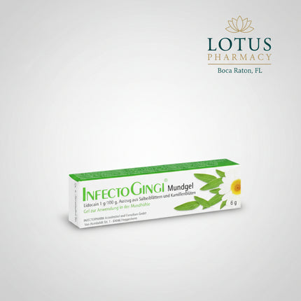 InfectoGingi Oral Gel is a German medicated mouth gel formulated for the temporary supportive treatment of inflammation and wounds of the oral mucosa and gums. It combines lidocaine with sage leaf extract and chamomile flower extract to provide localized soothing and pain-relieving support in irritated areas of the mouth.