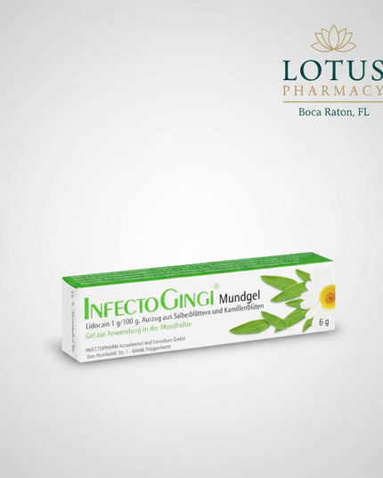 InfectoGingi Oral Gel is a German medicated mouth gel formulated for the temporary supportive treatment of inflammation and wounds of the oral mucosa and gums. It combines lidocaine with sage leaf extract and chamomile flower extract to provide localized soothing and pain-relieving support in irritated areas of the mouth.