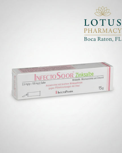 InfectoSoor Zinksalbe is a German medicated antifungal ointment formulated with miconazole nitrate 2.5 mg/g and zinc oxide 150 mg/g. It is used for the treatment of inflamed skin and skin folds affected by Candida yeast, including areas prone to moisture, friction, and irritation.