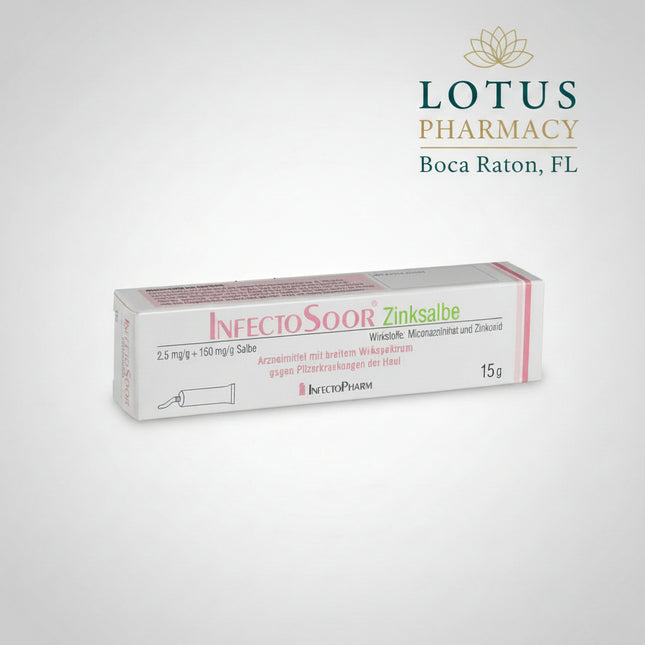 InfectoSoor Zinksalbe is a German medicated antifungal ointment formulated with miconazole nitrate 2.5 mg/g and zinc oxide 150 mg/g. It is used for the treatment of inflamed skin and skin folds affected by Candida yeast, including areas prone to moisture, friction, and irritation.