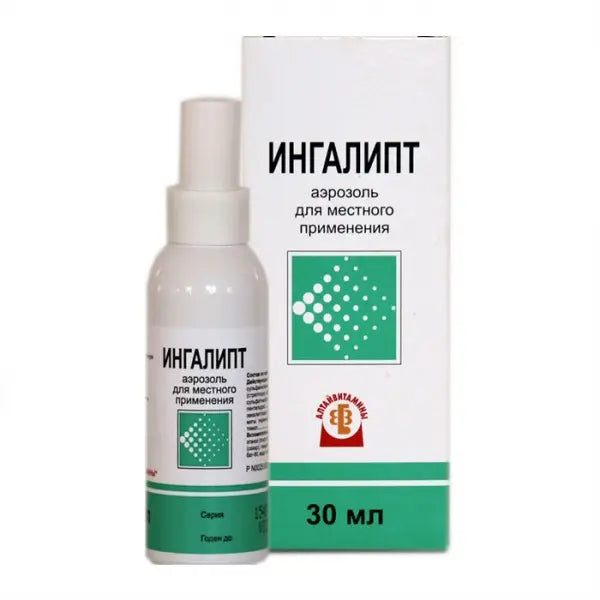 A product image displaying a package and spray bottle for Ingalipt, a medication indicated for oral and throat diseases.