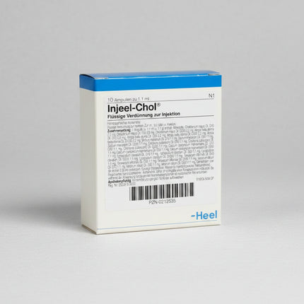 Injeel-Chol® Ampoules by Heel are a German registered homeopathic medicinal product supplied as a liquid dilution for injection. Each package contains 10 ampoules of 1.1 mL each.

The complex homeopathic formula combines eight ingredients, including Chelidonium majus (greater celandine), Silybum marianum (milk thistle), Taraxacum officinale (dandelion), Lycopodium clavatum, and Cinchona pubescens.