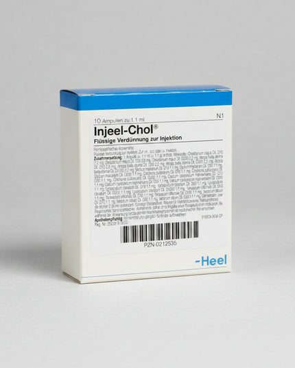 Injeel-Chol® Ampoules by Heel are a German registered homeopathic medicinal product supplied as a liquid dilution for injection. Each package contains 10 ampoules of 1.1 mL each.

The complex homeopathic formula combines eight ingredients, including Chelidonium majus (greater celandine), Silybum marianum (milk thistle), Taraxacum officinale (dandelion), Lycopodium clavatum, and Cinchona pubescens.