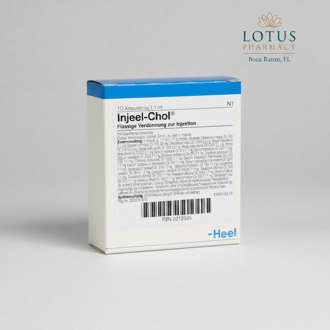 Injeel-Chol® Ampoules by Heel are a German registered homeopathic medicinal product supplied as a liquid dilution for injection. Each package contains 10 ampoules of 1.1 mL each.

The complex homeopathic formula combines eight ingredients, including Chelidonium majus (greater celandine), Silybum marianum (milk thistle), Taraxacum officinale (dandelion), Lycopodium clavatum, and Cinchona pubescens.
