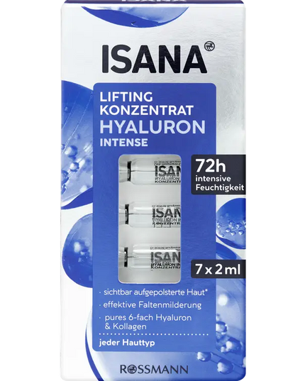 ISANA skincare product packaging with blue and white design