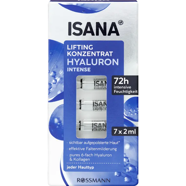 ISANA skincare product packaging with blue and white design