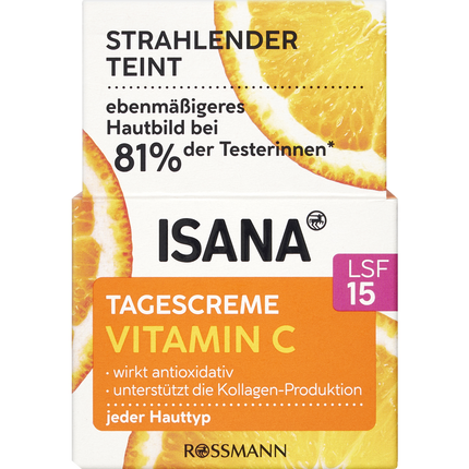 ISANA Vitamin C day cream packaging with orange slices on a white background