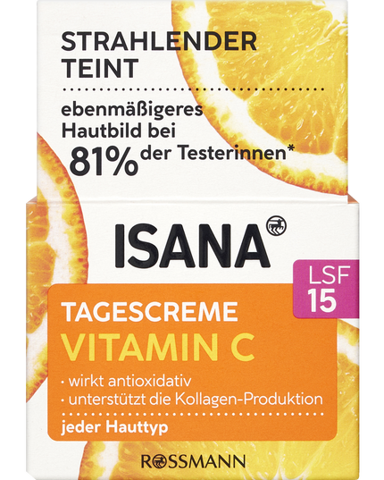 ISANA Vitamin C day cream packaging with orange slices on a white background