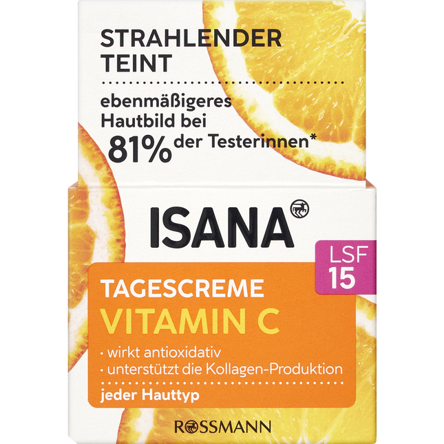 ISANA Vitamin C day cream packaging with orange slices on a white background