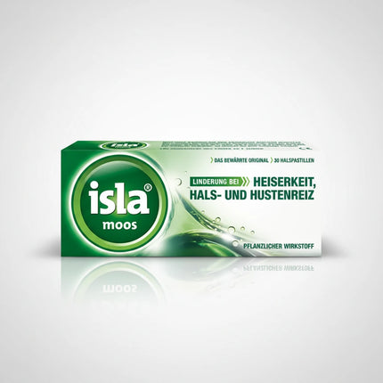 Isla Moos Pastilles are herbal throat lozenges formulated with Icelandic moss (Cetraria islandica) extract, traditionally used to soothe irritation and discomfort in the throat and larynx. The soothing extract forms a protective, moisturizing layer over the mucous membranes of the mouth and throat to help relieve symptoms like sore or dry throat, hoarseness, cough irritation, and strain from vocal overuse.