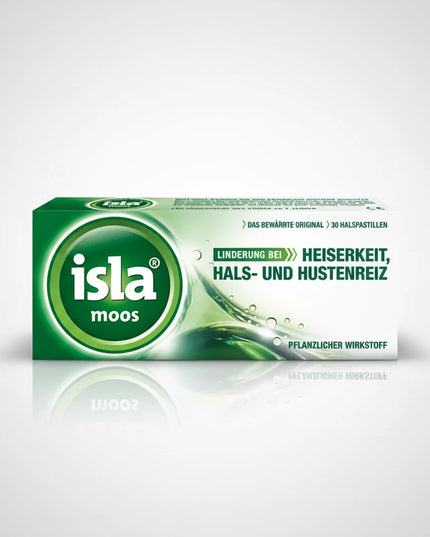 Isla Moos Pastilles are herbal throat lozenges formulated with Icelandic moss (Cetraria islandica) extract, traditionally used to soothe irritation and discomfort in the throat and larynx. The soothing extract forms a protective, moisturizing layer over the mucous membranes of the mouth and throat to help relieve symptoms like sore or dry throat, hoarseness, cough irritation, and strain from vocal overuse.