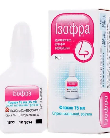 Isofra Nasal Spray is a topical nasal antibiotic spray containing framycetin sulfate, an aminoglycoside antibiotic used for the treatment of bacterial infections of the nasal cavity and upper respiratory tract. It is commonly prescribed for bacterial rhinitis, rhinopharyngitis, and sinusitis without damage to the sinus walls.

The spray delivers localized antibacterial action directly to the nasal mucosa.
