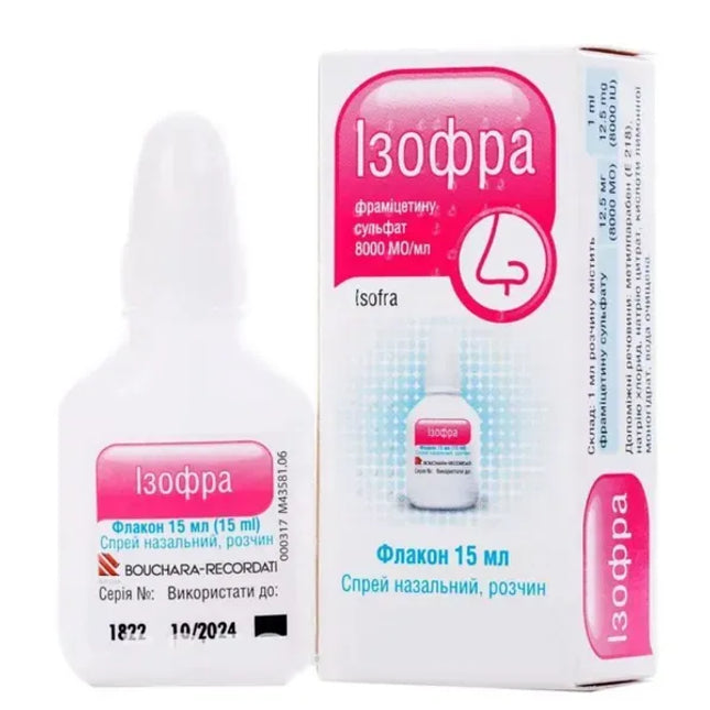 Isofra Nasal Spray is a topical nasal antibiotic spray containing framycetin sulfate, an aminoglycoside antibiotic used for the treatment of bacterial infections of the nasal cavity and upper respiratory tract. It is commonly prescribed for bacterial rhinitis, rhinopharyngitis, and sinusitis without damage to the sinus walls.

The spray delivers localized antibacterial action directly to the nasal mucosa.