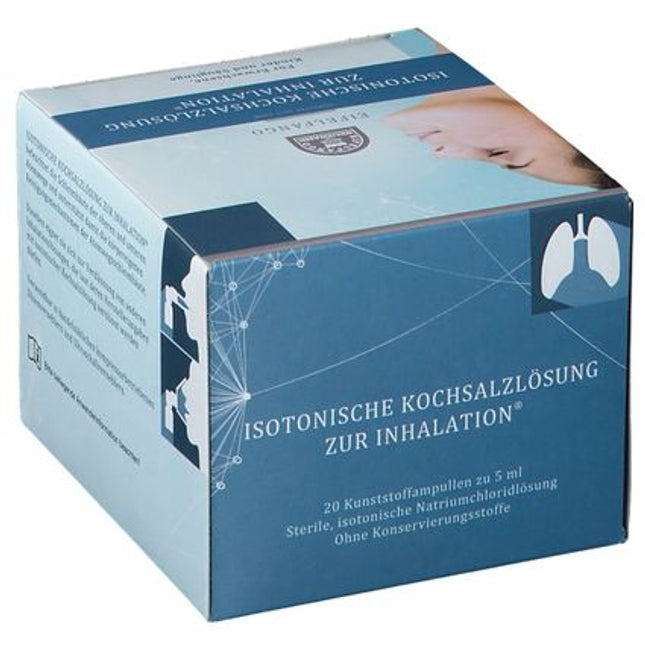 Box of isotonic saline solution for inhalation with medical design elements.