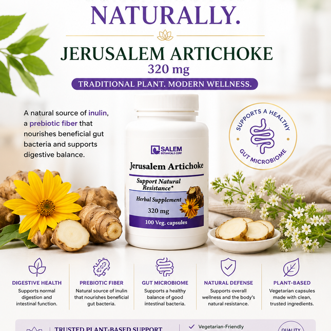 Jerusalem Artichoke (Helianthus tuberosus) 320 mg – 100 Vegetarian Capsules | Natural Prebiotic Inulin & Digestive Support
