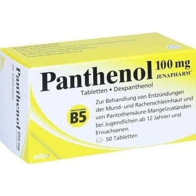 Box of Panthenol 100 mg tablets with yellow and white design