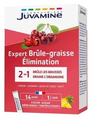 Juvamine Expert Brèle-graisse Elimination supplement packaging with cherries on a red background
