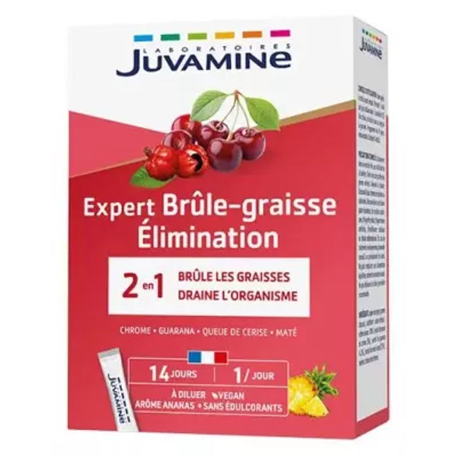 Juvamine Expert Brèle-graisse Elimination supplement packaging with cherries on a red background