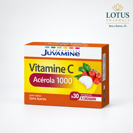 Juvamine Vitamin C Acerola 1000 is a French dietary supplement combining acerola fruit with vitamin C in a convenient chewable tablet. Acerola is naturally rich in vitamin C, and the formula is designed to support normal immune function, energy metabolism, and reduction of tiredness and fatigue. Each tablet has a natural cherry flavor and can be chewed or sucked without water.