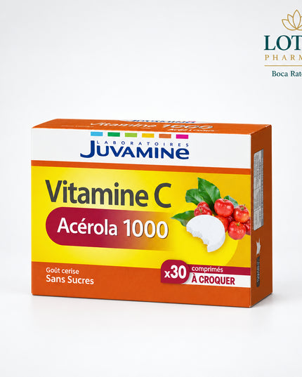 Juvamine Vitamin C Acerola 1000 is a French dietary supplement combining acerola fruit with vitamin C in a convenient chewable tablet. Acerola is naturally rich in vitamin C, and the formula is designed to support normal immune function, energy metabolism, and reduction of tiredness and fatigue. Each tablet has a natural cherry flavor and can be chewed or sucked without water.