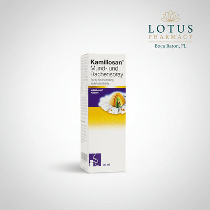 Kamillosan® Mouth and Throat Spray (Kamillosan Mund- und Rachenspray) is a German herbal medicinal product containing chamomile flower extract together with essential oils of peppermint and anise.

It is used for the local treatment of inflammatory conditions of the mouth and throat, including inflammation of the gums and oral mucosa. The concentrated chamomile extract provides the central herbal component of the formulation, while peppermint and anise oils complement the formula.