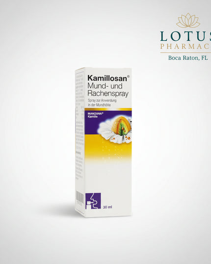Kamillosan® Mouth and Throat Spray (Kamillosan Mund- und Rachenspray) is a German herbal medicinal product containing chamomile flower extract together with essential oils of peppermint and anise.

It is used for the local treatment of inflammatory conditions of the mouth and throat, including inflammation of the gums and oral mucosa. The concentrated chamomile extract provides the central herbal component of the formulation, while peppermint and anise oils complement the formula.