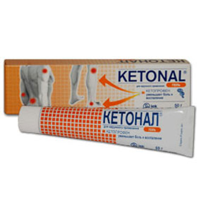 Ketonal tube packaging with images of a person and text on a white background