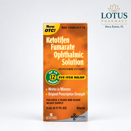 Ketotifen Fumarate Ophthalmic Solution packaging with orange background and text.