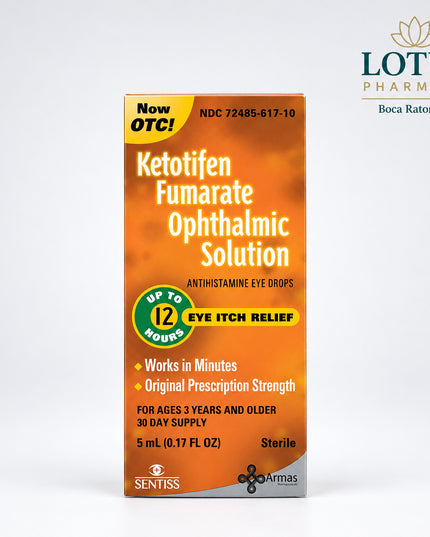 Ketotifen Fumarate Ophthalmic Solution packaging with orange background and text.