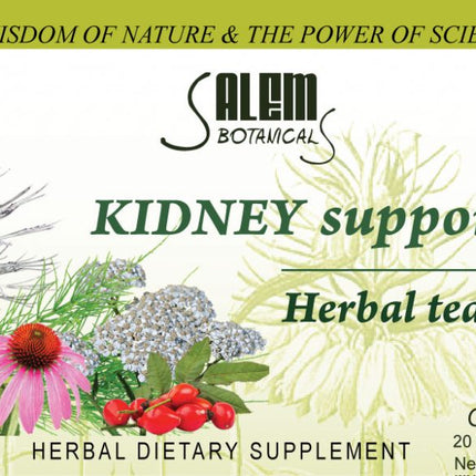 Salem Botanicals Kidney Support Herbal Tea packaging with herbs and nature-themed design.