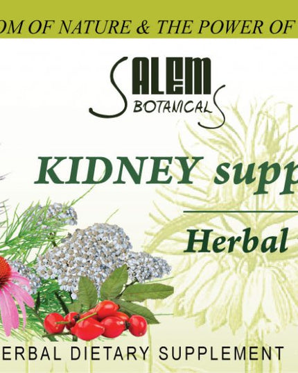 Salem Botanicals Kidney Support Herbal Tea packaging with herbs and nature-themed design.