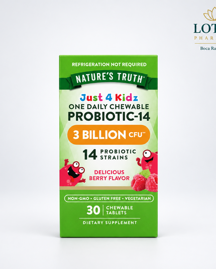 Nature’s Truth Probiotic-14 for Kids is a berry-flavored chewable probiotic supplement formulated to support daily digestive and intestinal wellness in children. Each serving provides 3 billion CFU from a blend of 14 probiotic strains in an easy-to-take chewable tablet.

The kid-friendly berry flavor makes it a convenient option for children who may prefer chewables over capsules or powders.
