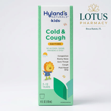 Hyland’s Kids Cold & Cough Daytime is a homeopathic oral liquid formulated for children experiencing common cold symptoms such as cough, runny nose, sneezing, sore throat, nasal congestion, chest congestion, and post-nasal drip.

The daytime formula is intended for use without nighttime sleep-support ingredients, making it suitable for use during the day in children 2 years and older.