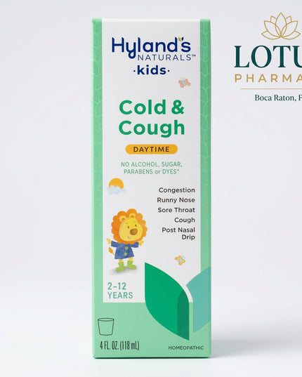 Hyland’s Kids Cold & Cough Daytime is a homeopathic oral liquid formulated for children experiencing common cold symptoms such as cough, runny nose, sneezing, sore throat, nasal congestion, chest congestion, and post-nasal drip.

The daytime formula is intended for use without nighttime sleep-support ingredients, making it suitable for use during the day in children 2 years and older.
