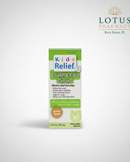 Kids Relief Cough &amp; Cold Syrup is a homeopathic medicine formulated to help temporarily relieve common cold symptoms in children ages 0–12 years. This gentle, non-drowsy formula is designed to help ease cough, nasal congestion, runny nose, sneezing, and throat irritation associated with colds. It is free from sugar, alcohol, artificial dyes, and artificial flavors, making it suitable for young children.