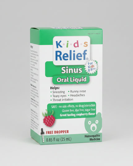 Kids Relief® Sinus Oral Liquid is a homeopathic medicine specially formulated for children experiencing common sinus and upper respiratory discomfort. This raspberry-flavored liquid contains a blend of homeopathic ingredients traditionally used to relieve symptoms such as:

Sneezing
Runny nose
Nasal congestion
Itchy eyes and throat
Watery eyes
Mild headache associated with sinus discomfort