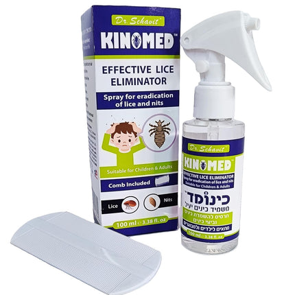 Kinomed lice eliminator spray and packaging on a white background