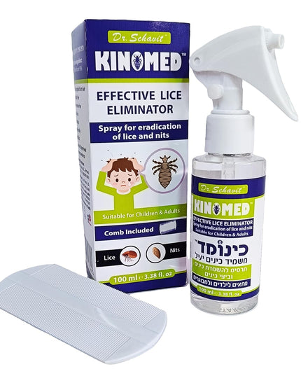 Kinomed lice eliminator spray and packaging on a white background